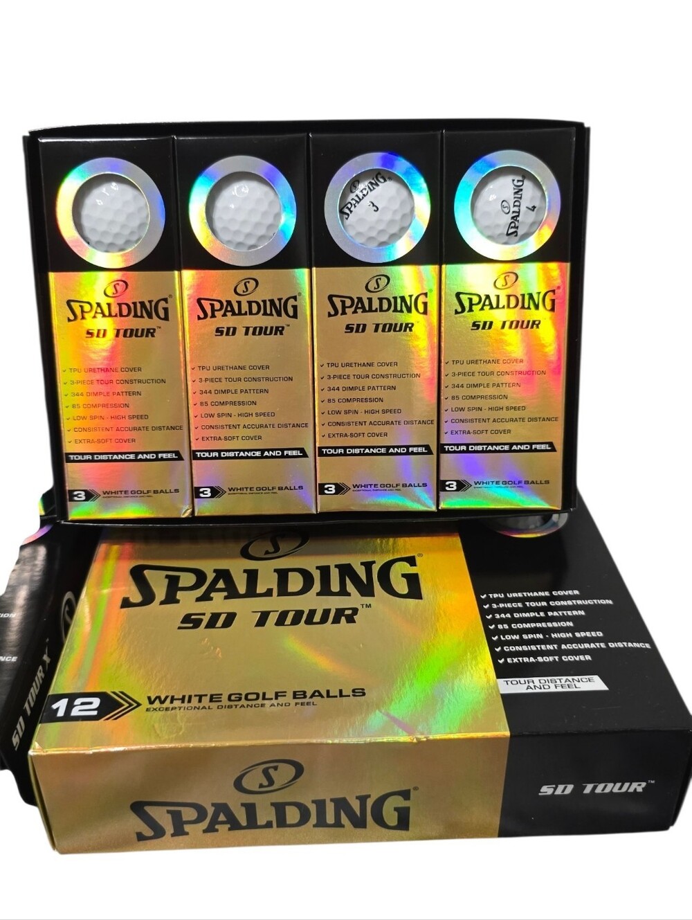 Spalding SD Tour White Golf Ball Sleeve Set with Holographic Gold Panels